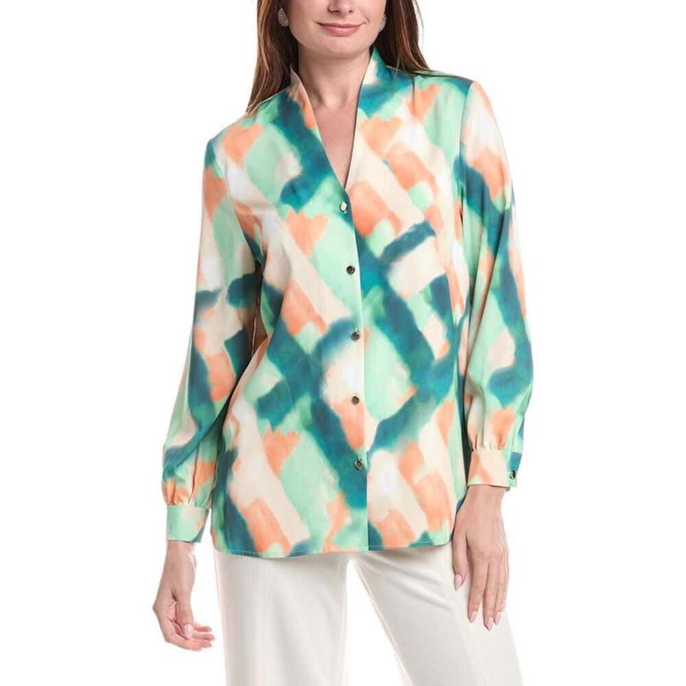Misook Womens  Abstract Print Crepe De Chine Blouse, Green